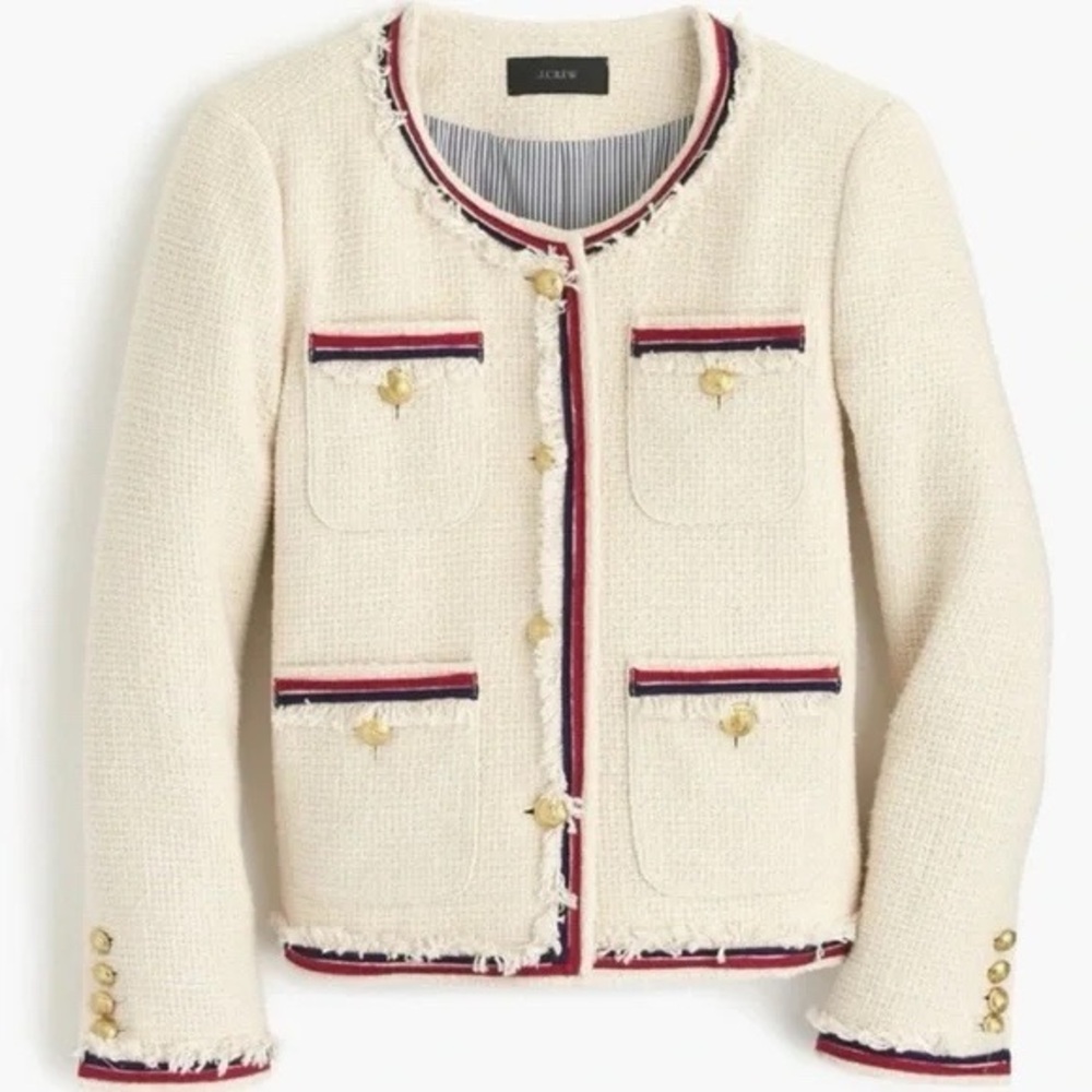 J. Crew Ivory Tweed Lady Jacket Blazer with Red and Navy Trim